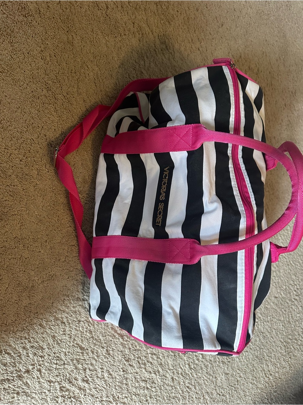 Victoria's Secret Black & White Striped Weekender with Hot Pink Accents